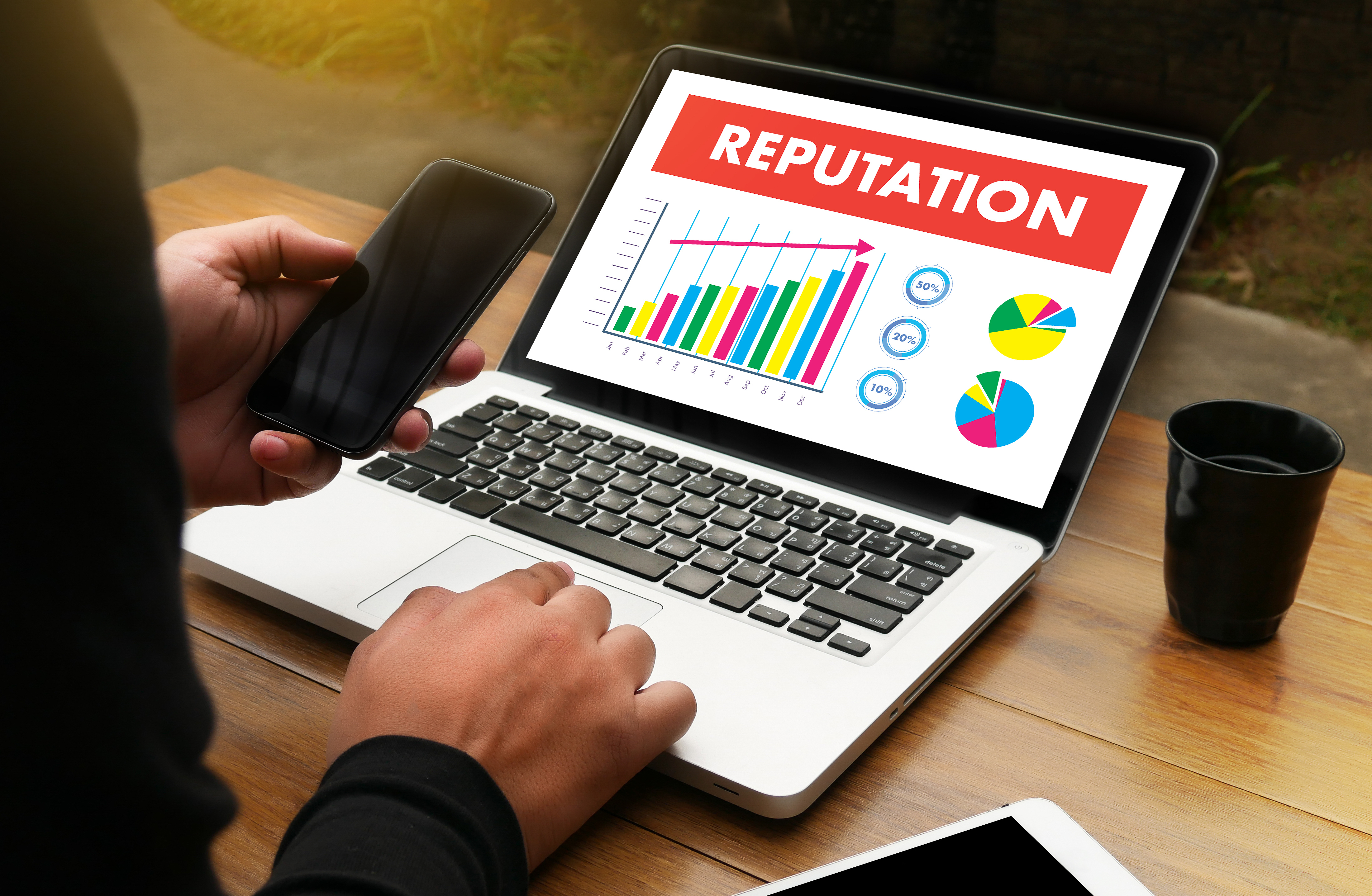 image with a picture of a graph labeled 'Reputation' on a laptop screen